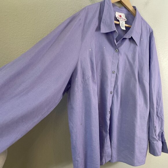 Quacker Factory Womens Plus 3X Lavender Linen Cotton Button Up Shirt Blouse - Picture 7 of 12